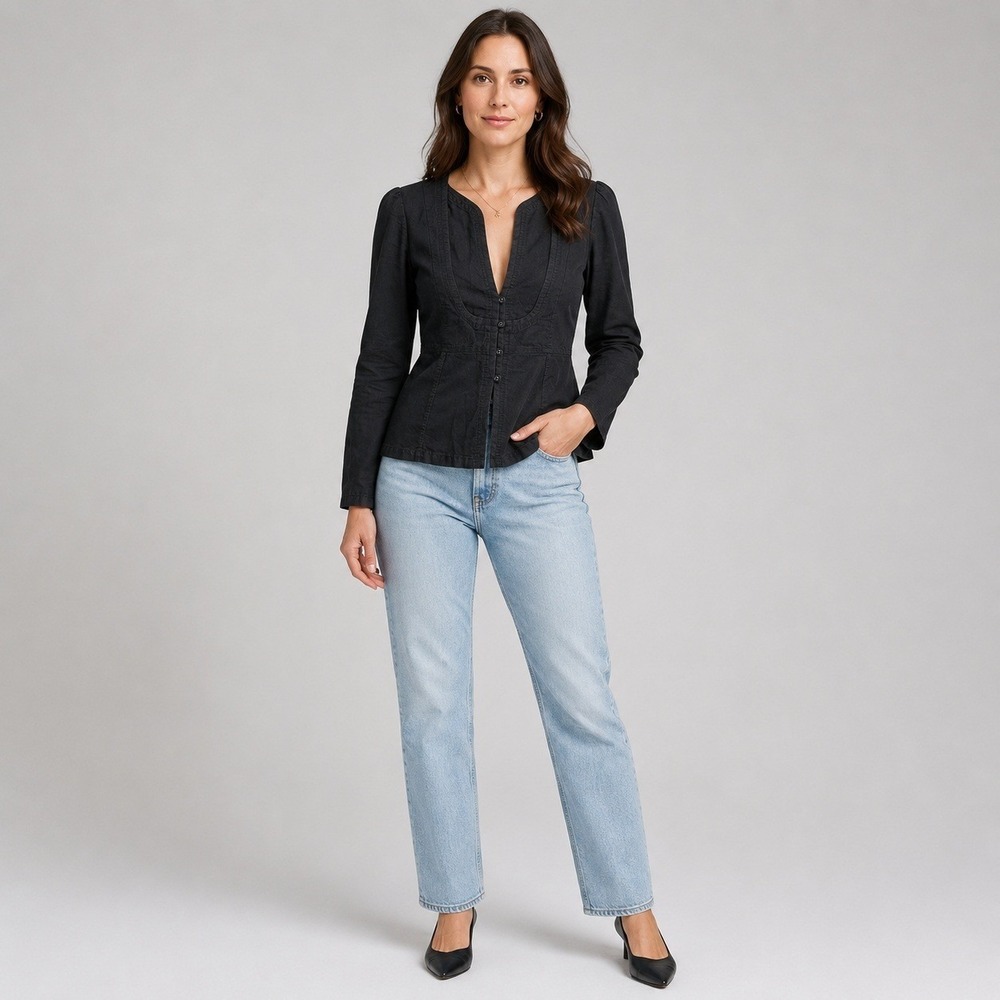 Banana Republic Jacket Womens 4 Petite Black Cotton Linen Blend Button Front